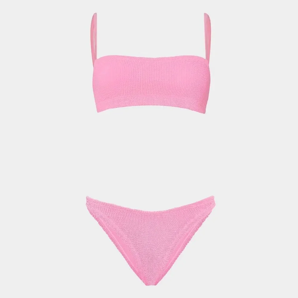 HUNZA G BUBBLEGUM PINK CRINKLE STRETCH GIGI BIKINI SET ONE SIZE FITS ALL